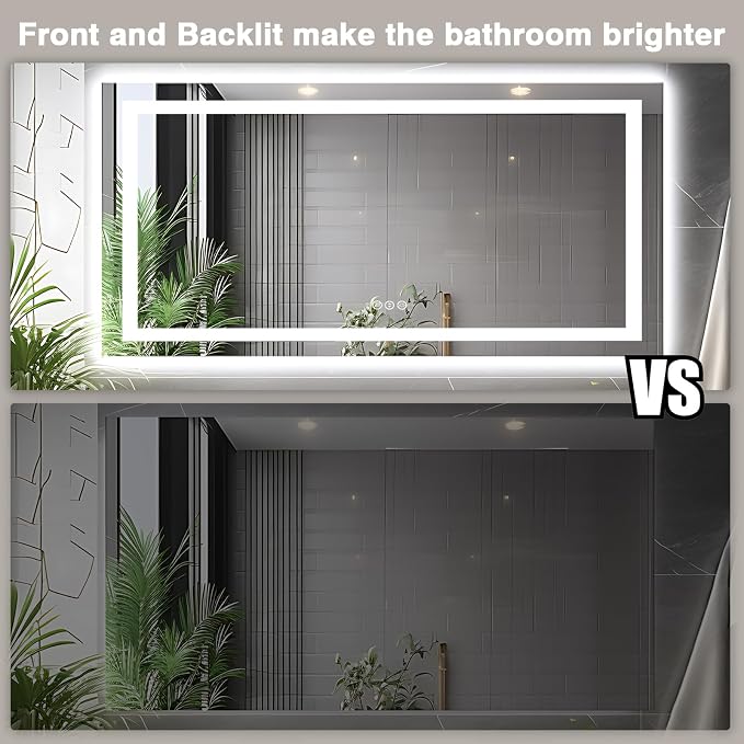 EchosLife 72"x36" Bathroom Mirror with Lights | Backlit + Front Lit, Anti-Fog, Stepless Dimmable, 3 Colors, Memory, Tempered Glass, UL Listed, Horizontal/Vertical