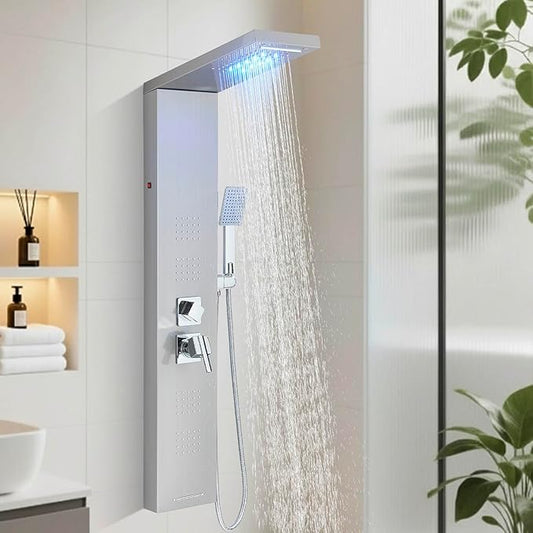 FUZ Shower Panel Tower System, Stainless Steel 5 IN 1 Shower Panel System with LED Fancy Rain Shower Head and Handheld, Adujstable Rainfall Massage Body Jets and Tub Spout, Brushed Nickel Shower Tower