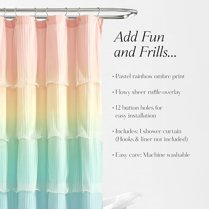 Lush Decor Rainbow Ombre Nerina Ruffled Shower Curtain Single 72" W x 72" L Rainbow -Colorful Shower Curtains for Bathroom - Kids Bathroom Decor