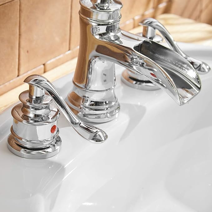 BWE 8 Inch Widespread Bathroom Faucet Chrome with Pop Up Drain and Supply Hose Two-Handle 3 Holes Waterfall Bathroom Sink Faucet Lavatory Mixer Tap