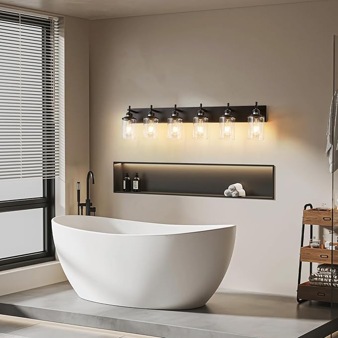 6-Light Black Bathroom Light Fixture Over Mirror Modern Farmhouse Bathroom Vanity Light Vintage Wall Lighting with Clear Glass Shade for Bathroom, Bedroom, Hallway, Cabinet