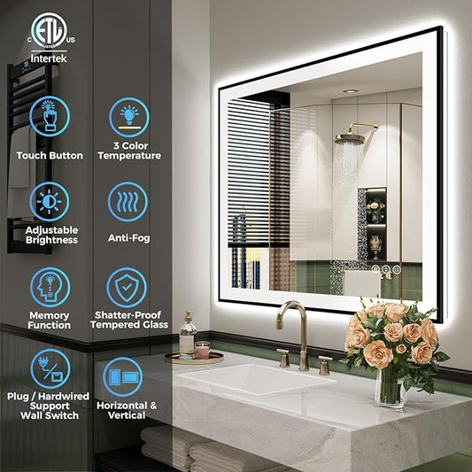 28x32 Inch LED Bathroom Mirror with Lights (Front Lit and Backlit) Black Framed Lighted Vanity Mirror for Bathroom Wall Dimmable Anti-Fog Memory Tempered Glass Horizontal/Vertical