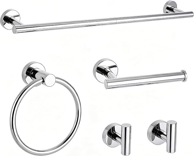 Polished Chrome Bathroom Hardware Accessories Set 5 Piece, Stainless Steel Bath Towel Bar Set 24 Inch,Toilet Paper Holder,Towel Ring Holder,Towel Rack Set,Gold Bathroom Accessories Kit Silver