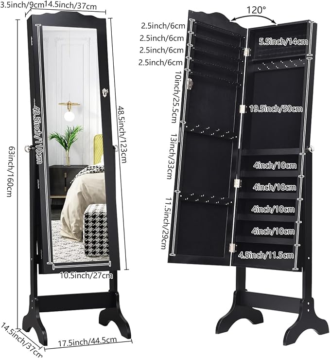 NAFORT Jewelry Armoire, Mirror with Jewelry Storage, Jewelry Organizer, Standing Lockable Jewelry Cabinet with Full Length Mirror, Jewelry Organizer with 2 Drawers, Black