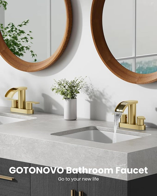 gotonovo 4 Inch Centerset Waterfall Bathroom Sink Faucet Deck Mount 2 Handle Basin Faucets 2 or 3 Hole with Pop Up Drain Included Lavatory Modern Mixer Tap Vanity Faucet Brushed Gold