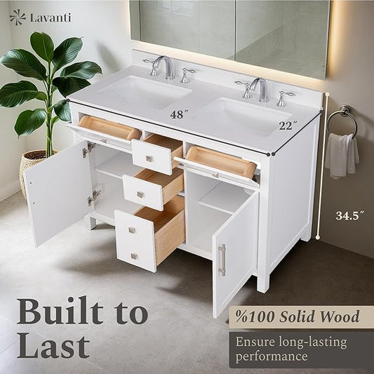 Lavanti Oakford 48 Inch Bathroom Vanity with Sink – Stylish White Vanity Bathroom with Storage Cabinet – Modern Bathroom Vanities with Double Vanity Sink & Quartz Countertop