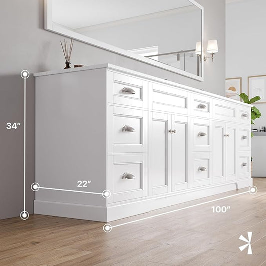 Eviva Epic 100 in. White Double Sink Bath Vanity with Carrara Quartz Top and Undermount Porcelain Sinks
