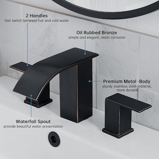 RUMOSE Bathroom Faucets Bronze Bathroom Sink Faucet 3 Hole with Drain | 8 inch Widespread 2 Handles Lavatory Vanity Faucet Set, Waterfall Spout, Deck Mounted, Pop Up Drain, Stainless Steel