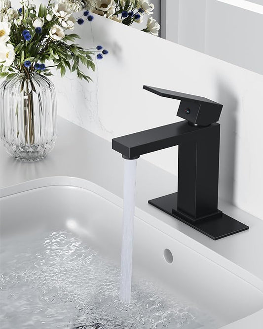 Midanya Bathroom Faucets 1 Hole, Single Handle Stainless Steel Bathroom Sink Faucet, Modern Vanity Faucets with Deck Plate,Water Supply Hoses and Pop Up Drain,Matte Black