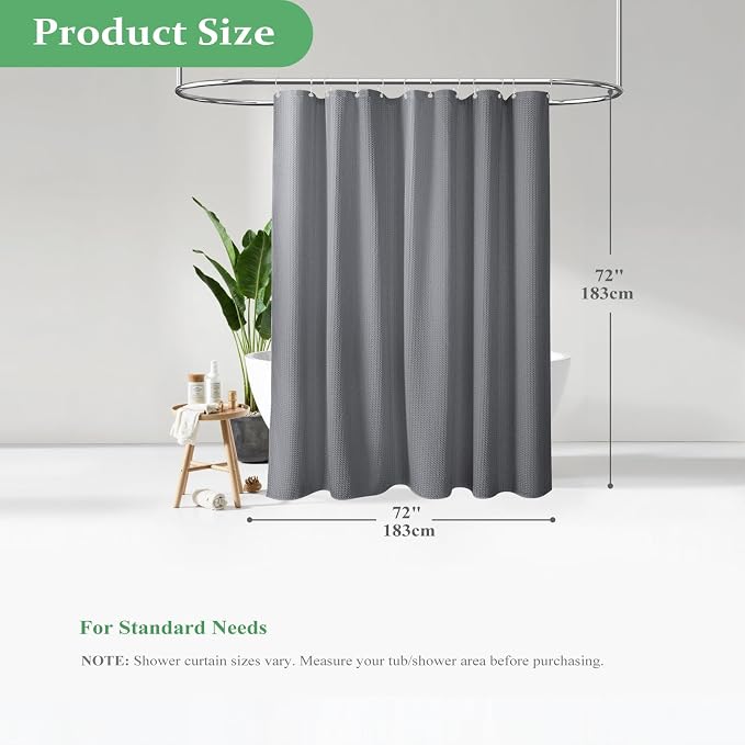 Waffle Shower Curtain 256 GSM Heavy Duty Fabric 72"x72" Grey/Gray | Thick Textured Cloth, Weighted Hem, Water Repellent Washable, Hotel Luxury Polyester Shower Curtain Set for Bathroom 12 Hooks