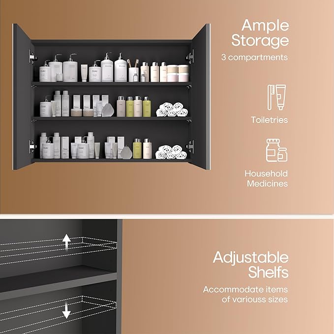 24x32 inch Bathroom Wall Cabinet, Saver Storage Cabinet, Medicine Cabinet with 2 Door and Adjustable Shelves, Black(Assembly Required)