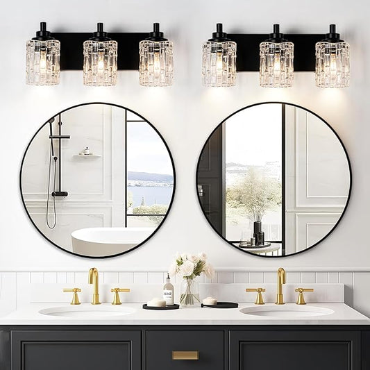 Bathroom Light Fixtures, 3-Light Black Bathroom Vanity Light, Modern Wall Sconces with Clear Glass Shade, Black Wall Lights for Mirror Kitchen Bedroom Hallway, E26 Base