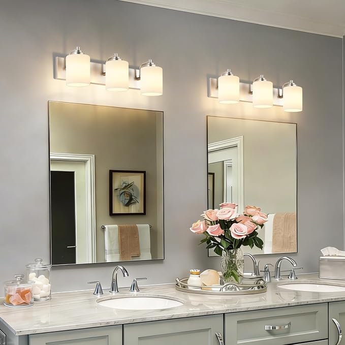 SOLFART Modern Brushed Nickel 3 Light Vanity Sconces for Bathroom, Milky Glass Globe Bathroom Light Fixtures, 3 Lights Over Mirror Wall Mount Lighting (Bulbs Not Included)