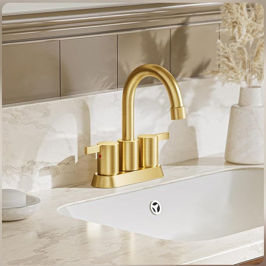 Brushed Gold 4 Inch 2 Handle Centerset Lead-Free Bathroom Faucet, Swivel Spout with Copper Pop Up Drain and 2 Water Supply Lines, BF015-1-BG