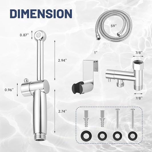 Chrome Handheld Bidet Sprayer for Toilet with Bidet Hose Brass Cloth Diaper Sprayer Bathroom Toilet Attachment for Feminine Wash, Wall Mount or Toilet Mount