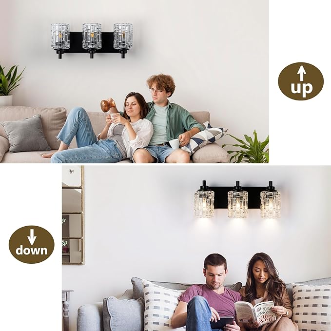 3-Light Black Bathroom Light Fixtures, Clear Glass Shade | Modern Wall Sconces for Mirror, Vanity Lighting for Bedroom, Hallway, Kitchen, E26 Base Easy Install