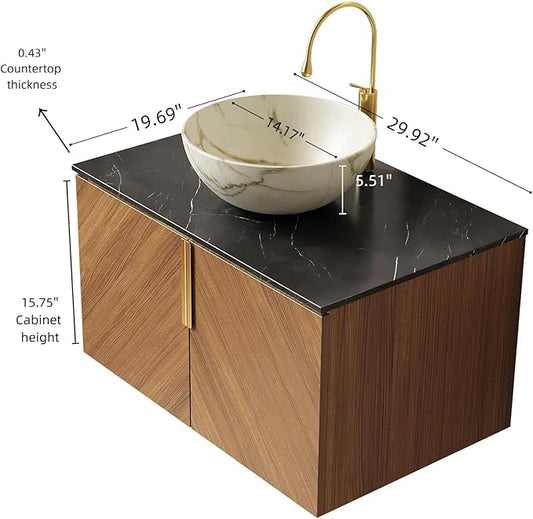 30" Floating Bathroom Vanity with Sink Combo, Modern Vanity with Vessel Sink, Wall-Mounted Bathroom Vanity Cabinet with Doors, Countertop and White Bowl Ceramic Basin,Brown Oak
