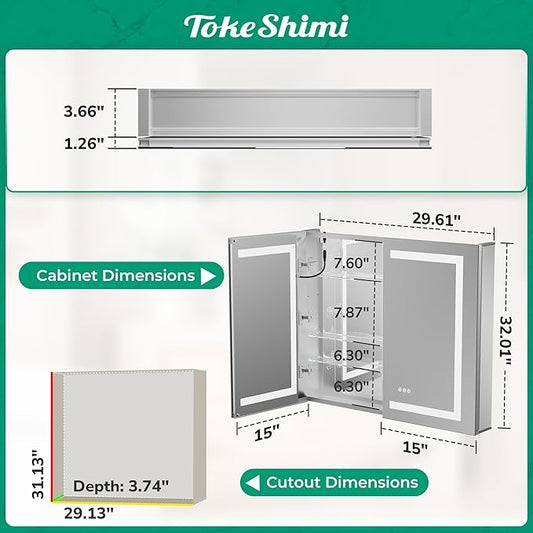 TokeShimi 30x32 Led Medicine Cabinet Mirror with Electrical Outlet, Wall Mounted or Recessed Medicine Cabinet with Light Frontlit, Anti-Fog 3 Colors Dimmable Mirror with Storage for Bathroom