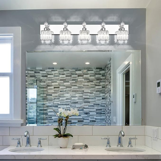 PRESDE 5-Light Crystal Bathroom Vanity Light, Chrom ModernBathroom Lights Fixtures Over Mirror Wall Lamp for Bathroom Bedroom Hallway