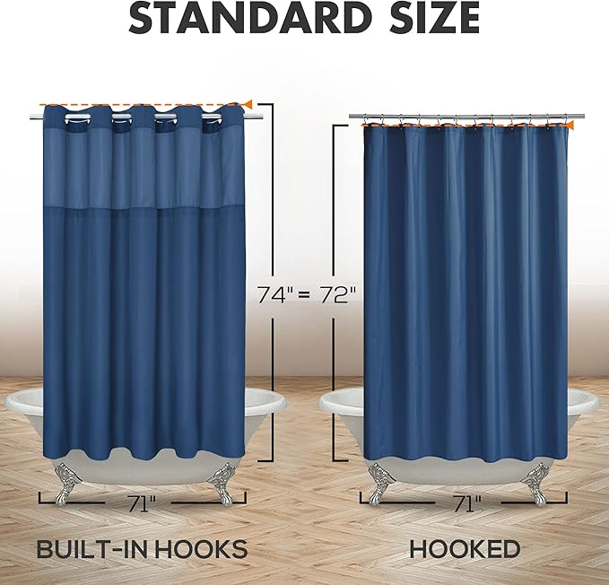 River Dream No Hook Shower Curtain with Snap-in Liner Set, Navy Blue, 71x74 | Snap on/off Waterproof PEVA Liner, See Through Top Window, Slub Textured, Hotel Style Shower Curtain Set, Standard Size