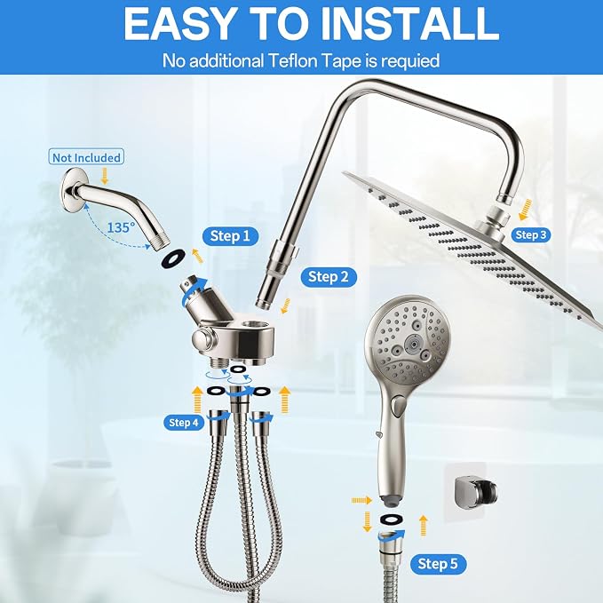VXV 10 Inch Big Square Rain/Rainfall Shower Head with Adjustable Height, High Pressure 7 Modes Shower Head with Handheld Spray, Brushed Nickel Dual Shower Head Combo with 71" Hose, 360° Rotation (BN)