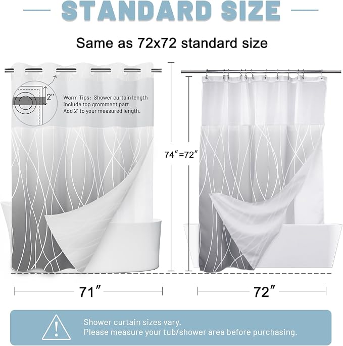 Ombre Grey No Hook Shower Curtain with Liner, 71 x 74 Inch | Stripe Pattern,Waterproof,Quick Dry,Mesh Top Window,Bottom Magnets,Hotel Style,Machine Washable,Modern,for Bathroom