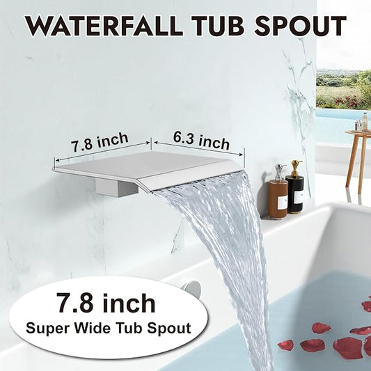 Midanya Shower System with Tub Spout,12 Inch Shower Head,Polish Chrome | with Valve & Trim Kit,Square Rain Head,Handheld Sprayer,Waterfall Spout,All Metal Wall Mount Bathroom Shower Tub Faucet Set