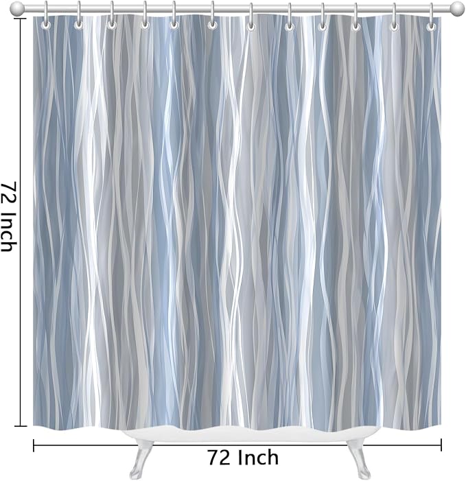 Moonslim Blue Grey Ombre Shower Curtain, Modern Wavy Abstract Striped Line Bathroom Curtain, Waterproof Fabric Bath Decor, 72 x 72 Inch