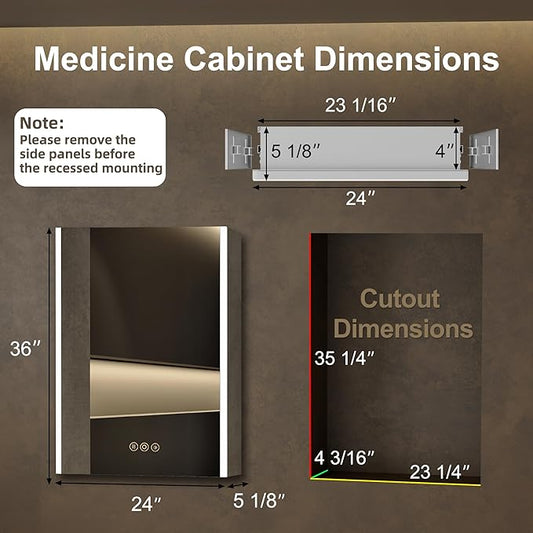 Medicine Cabinet with LED Lights and Mirror, 24 x 36 Inch Surface or Recessed Mounted Bathroom Cabinets with Door, Defogger, Memory Function, 3-Color Mode, Outlet&USB, Dimmer, Storage Shelf