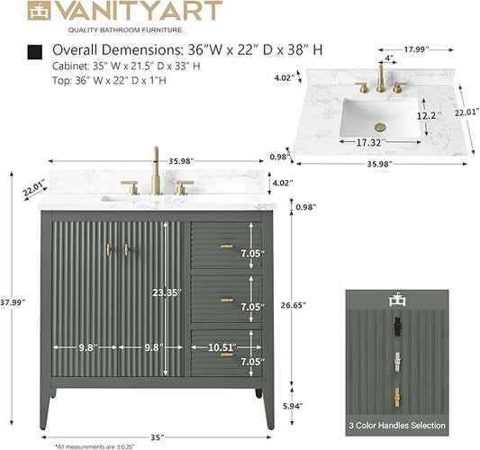 Vanity Art 36 inch Bathroom Vanity with Single Sink & Ceramic Top, Vanity Cabinet with Soft-Closing Door, Solid Wood Frame, Linear Pattern, Vintage Green, VA9136-VG-MB,Matte Black Handles