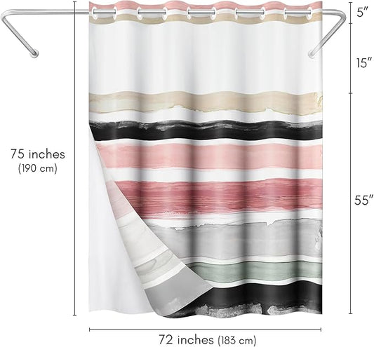 Americanflat 72x75 Hookless Shower Curtain - Water-Resistant Stripe Shower Curtain with Sheer Panel, Snap-In Liner, and Grommets - 100% Polyester - Blush Pink, Black, Sage Green, White, Grey and Cream