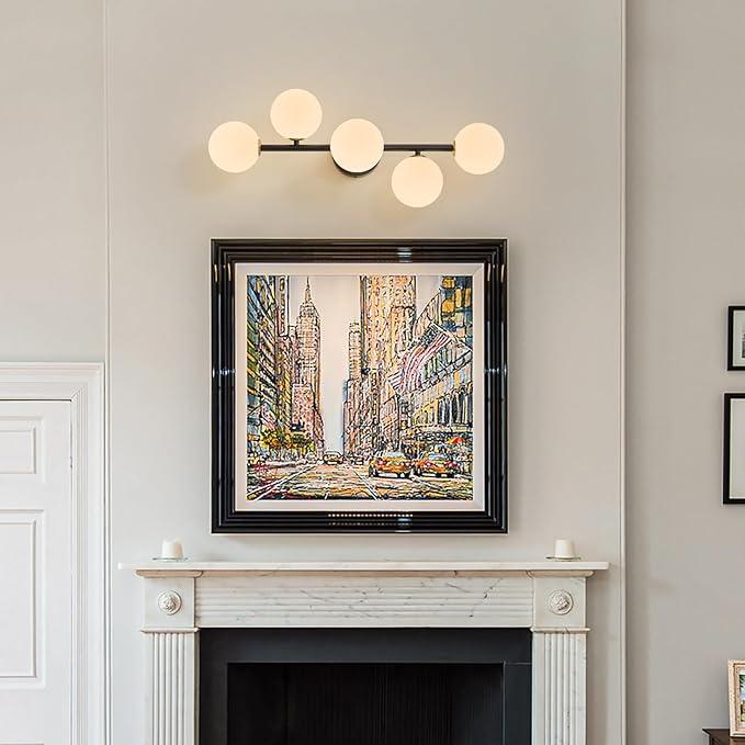 Bathroom Vanity Mirror Light Fixtures: 5 Lights Bath Wall Sconce Lighting - Brass Black Vanity Lights with Milk Glass Shade - Modern Minimalist Makeup Light Fixture Above Mirror for Hallway G9 Base