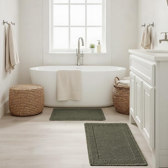 MIULEE Set of 2 Waffle Bathroom Rugs Bordered Bath Mat Green 18x30 Inch | Non Slip, Super Absorbent, Washable, Ultra Soft, Rubber Backed Bath Rugs for Bathroom Floor Tub and Shower, Boho Decor