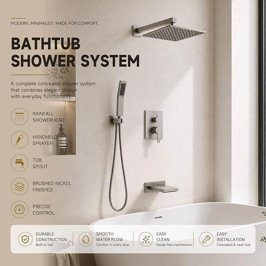 Shower System with Tub Spout, All Metal Bathtub Shower Faucet Set with High Pressure 10 Inch Rain Shower Head and Handheld Shower Head Set, Brushed Nickel (Valve Include)