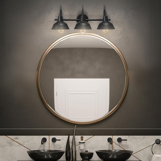 Globe Electric 65554 Barnyard 3-Light Vanity Light, Matte Black, White Interior Shades