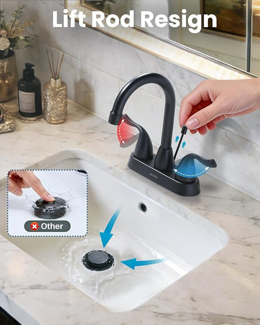 ARCORA Matte Black Bathroom Faucet, 4 Inch Centerset Bathroom Sink Faucet with Drain Assembly and Supply Hoses, 2 Handle Basin Faucet