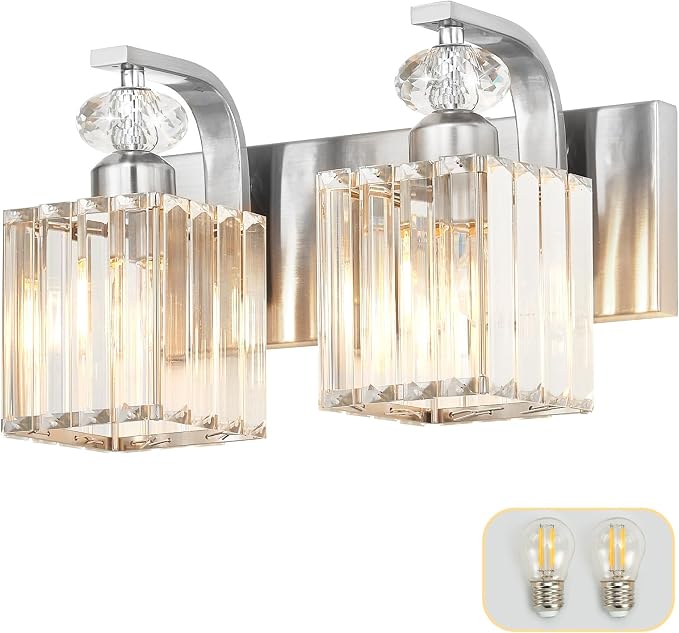 2-Light Bathroom Vanity Light Fixtures Over Mirror, Crystal Sconce | 12.6-inch Nickel Modern Wall Light for Bedroom Vanity Living Room Hallway, Ceramic E26 Lamp sockets, Includes 2 LED Bulbs