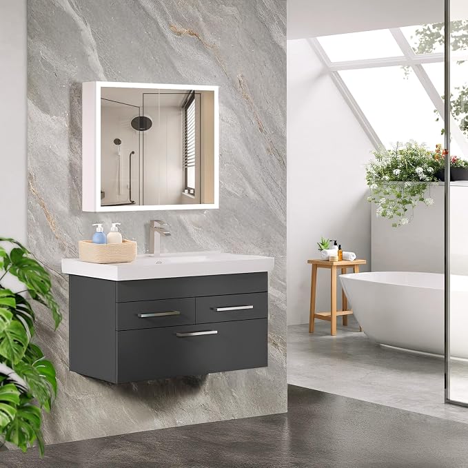 VINGLI Lighted Medicine Cabinet with Mirror Bathroom Mirror Medicine Cabinet Wall Mounted with Storage LED Lights Charging Station Defogger Modern Bathroom Mirrors for over Sink with Storage (32"*28")