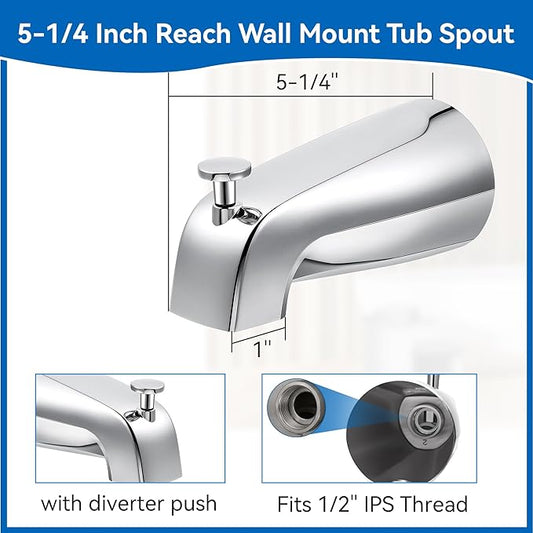 Dreyoo 5 1/4 Inch Bathroom Tub Spout Compatible with Westbrass E531D-1F-62, Fits Wall Front Mount Tub Spout with Shower Diverter 1/2'' IPS Inside Thread Bathtub Faucet (Chrome)