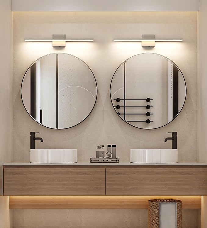 JUSHENG Brushed Nickel Vanity Lights for Bathroom Light Fixtures 5CCT Dimmable Vanity Light Bar LED Bathroom Lighting Over Mirror 24'' Inch 24W ETL Certificated