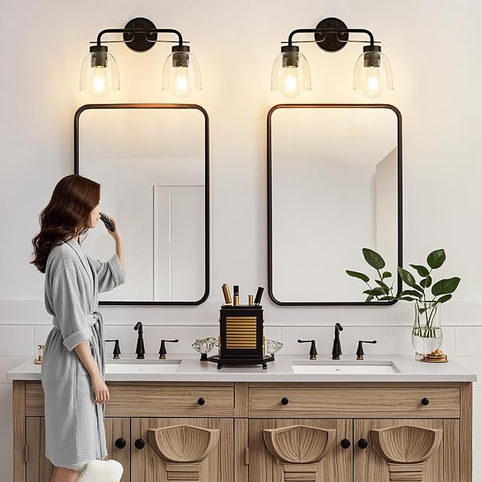 16 Inch Vanity Lights, 2-Light Black Modern Industrial Bathroom Light Fixtures with Bell Bubble Glass Shade, Wall Sconce for Bathroom Mirror, Bedroom, Hallway (2 Pack)