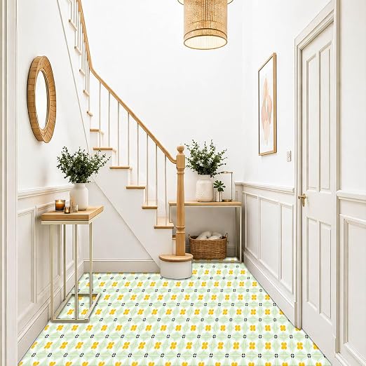 Yellow Flower Geometric Peel and Stick Floor Tiles 12x12 Inch 10PCS | Yellow flower and pale green geometric pattern vinyl floor stickers for kitchen bathroom entryway and indoor home decor