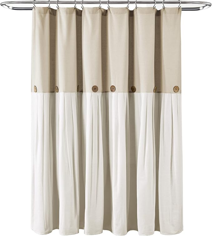 Lush Decor Linen Button Shower Curtain, 72" W x 72" L, Linen - Neural Shower Curtain Fabric - Bathroom Curtain - Farmhouse Bathroom Decor