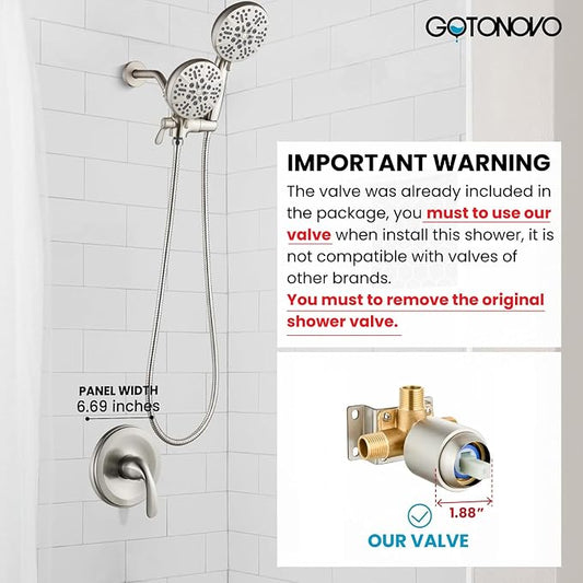 gotonovo Dual Shower Head with Valve 6 Mode Handheld Spray Brushed Nickel | 6 Mode ABS Rain Head with Handheld Spray,2 in 1 Bathroom Trim Kit,Shower Head and Handle Set,Brass Rough-in Valve,Wall Mount