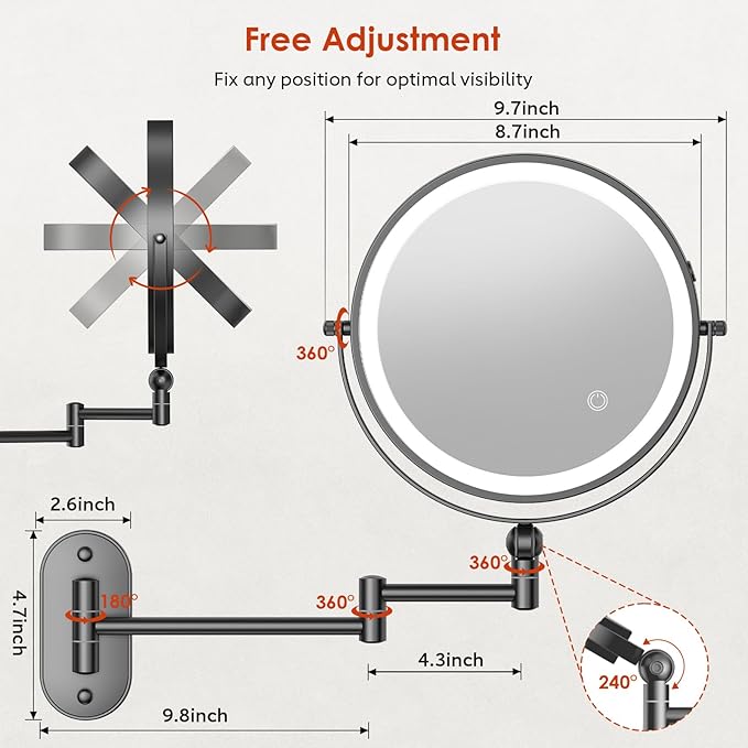 ZLOKLA 9" Wall Mounted Lighted Makeup Mirror,4000mAh Rechargeable Double Sided 1X/30X Magnifying Mirror with Light,Touch Dimmable,Extended Arm 360 Rotation Wall Mounted Makeup Mirror 3 Color Lights