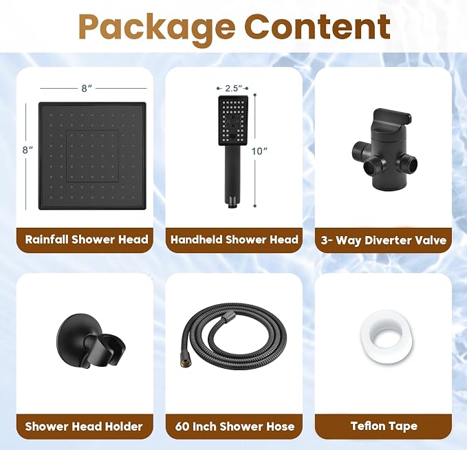 BRIGHT SHOWERS Rain Shower Head with Handheld Spray, High Pressure Square Showerhead Combo with Rainfall & Handheld, Detachable Dual Shower with Anti-Clog Nozzles, 60" Hose, Matte Black
