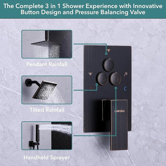 VANFOXLE Shower Faucet Set Oil Rubbed Bronze Modern Shower System | Push Button Diverter, 10 Inch Ceiling Mount Rain Head Increased Thick, 6 Inch Side Head, 2-in-1 Handheld Sprayer