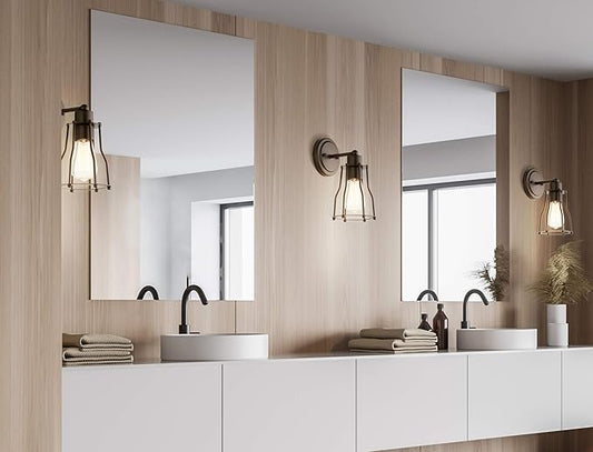 JONATHAN Y 5.13" Oil Rubbed Bronze Modern Industrial Metal Vanity Light, Bathroom Sconce for Mirror, Reversible 1-Light Wall Lamp with Metal Cage Shade for Hallway, LED Bulb Included (JYL7419A)