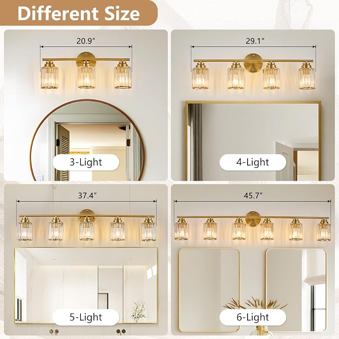 4-Light Gold Bathroom Light Fixtures, 29.1" Bathroom Vanity Light with Clear Crystal Shades, E26 Base Modern Wall Lighting Sconces, Vanity Lights for Bathroom Powder Room