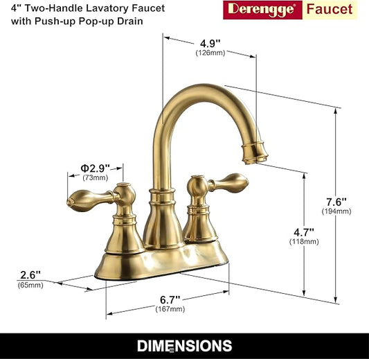 Two Handle Bathroom Sink Faucet 3 Hole with Overflow Pop up Drain, 360° Swivel Spout 4 Inch Centerset Lavatory Faucet Without Water Supply Lines,Brushed Gold,F-4501-CS